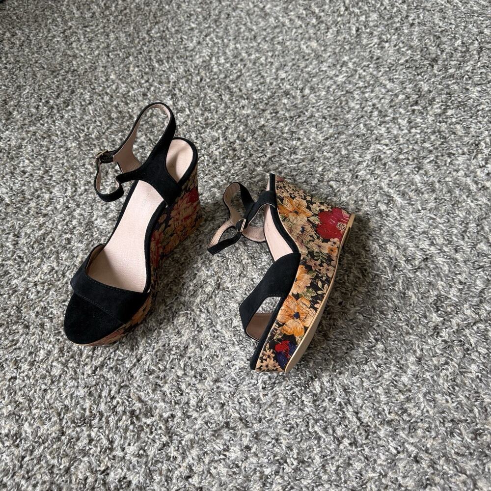 Anthropologie Floral Print Cork Wedge Sandals Black Suede Ankle Strap 9 M New